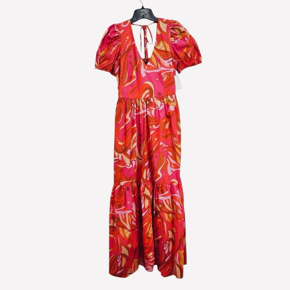 1. State Pink and Orange Maxi Dress “Farm Rio” Puff Sleeve, Cut out back Women’s